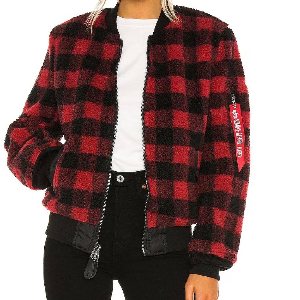 Alpha Industries Red Buffalo Plaid FLIGHT Bomber Jacket S L-2b Sherpa Fleece